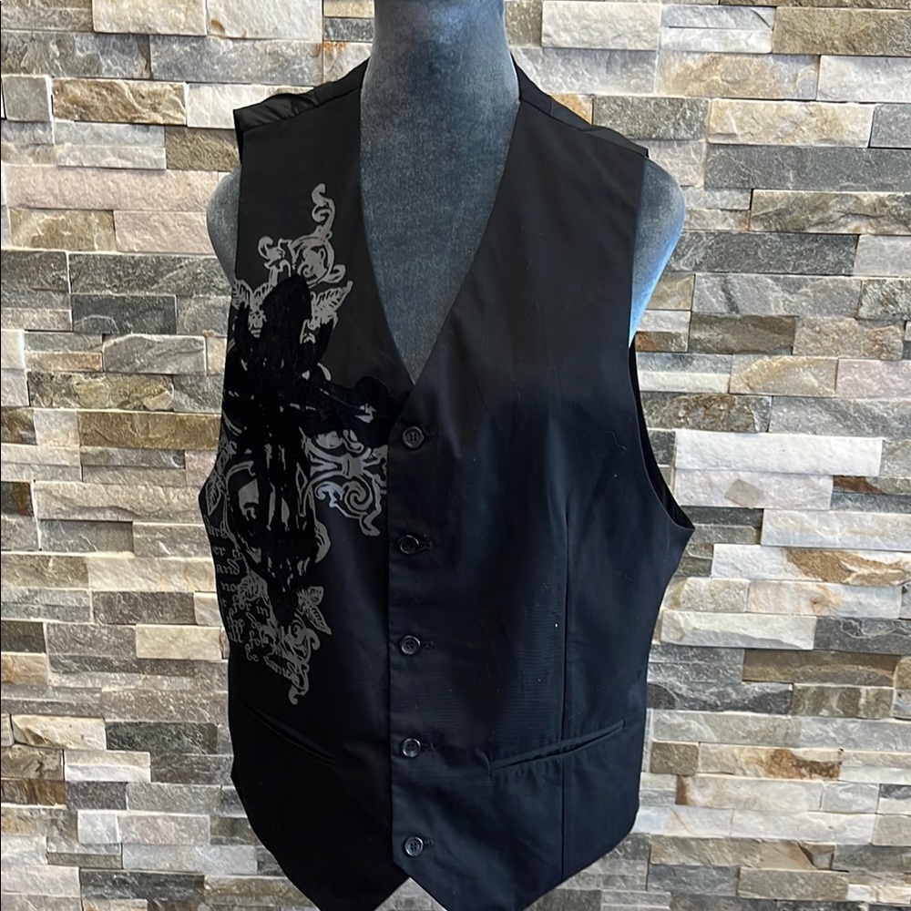 Carbon Black Black Button-Up Vest with Embroidered Design